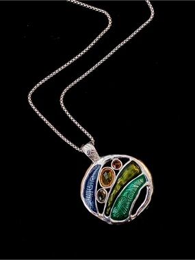 Silver-Tone Abstract Enamel and Mixed Gemstone Round Pendant Necklace
